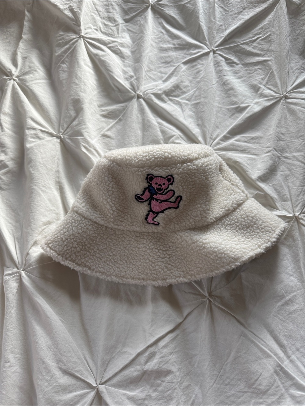 Peter Grimm Cream Sherpa Bucket Hat with Dancing Bear Patch